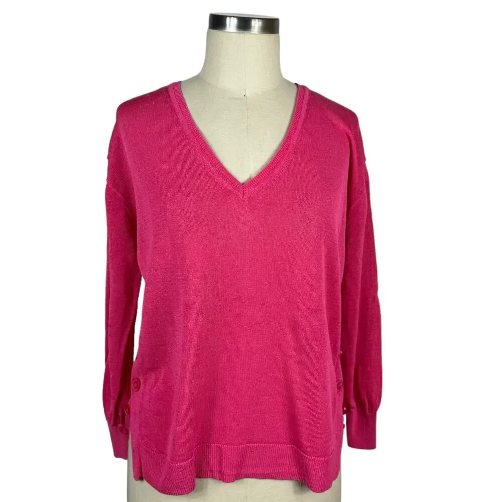 J CREW Neon Pink V-Neck Sweater‎ Side Buttons Linen Blend Women's Size Medium